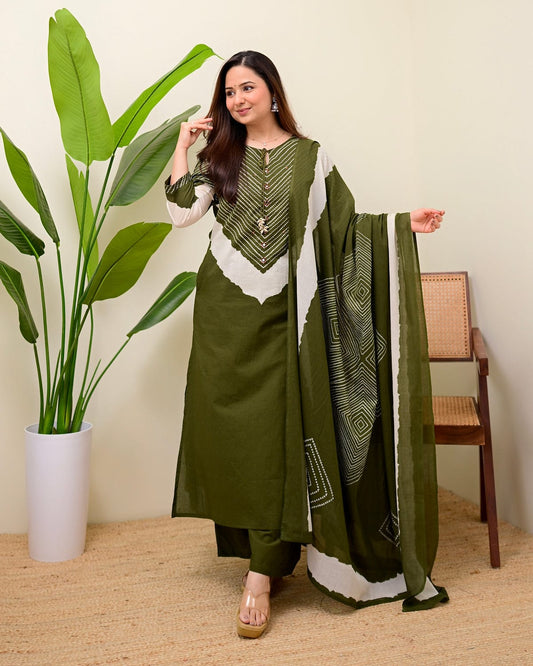 Olive Green Chevron Printed Kurta Set with Dupatta