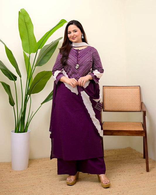 Royal Plum Chevron Printed Kurta Set with Dupatta