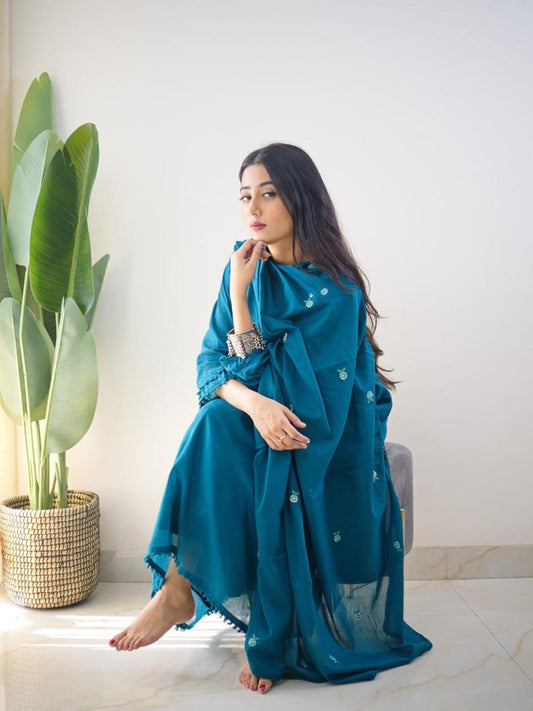 Teal Blue Embroidered Kurta Set with Dupatta