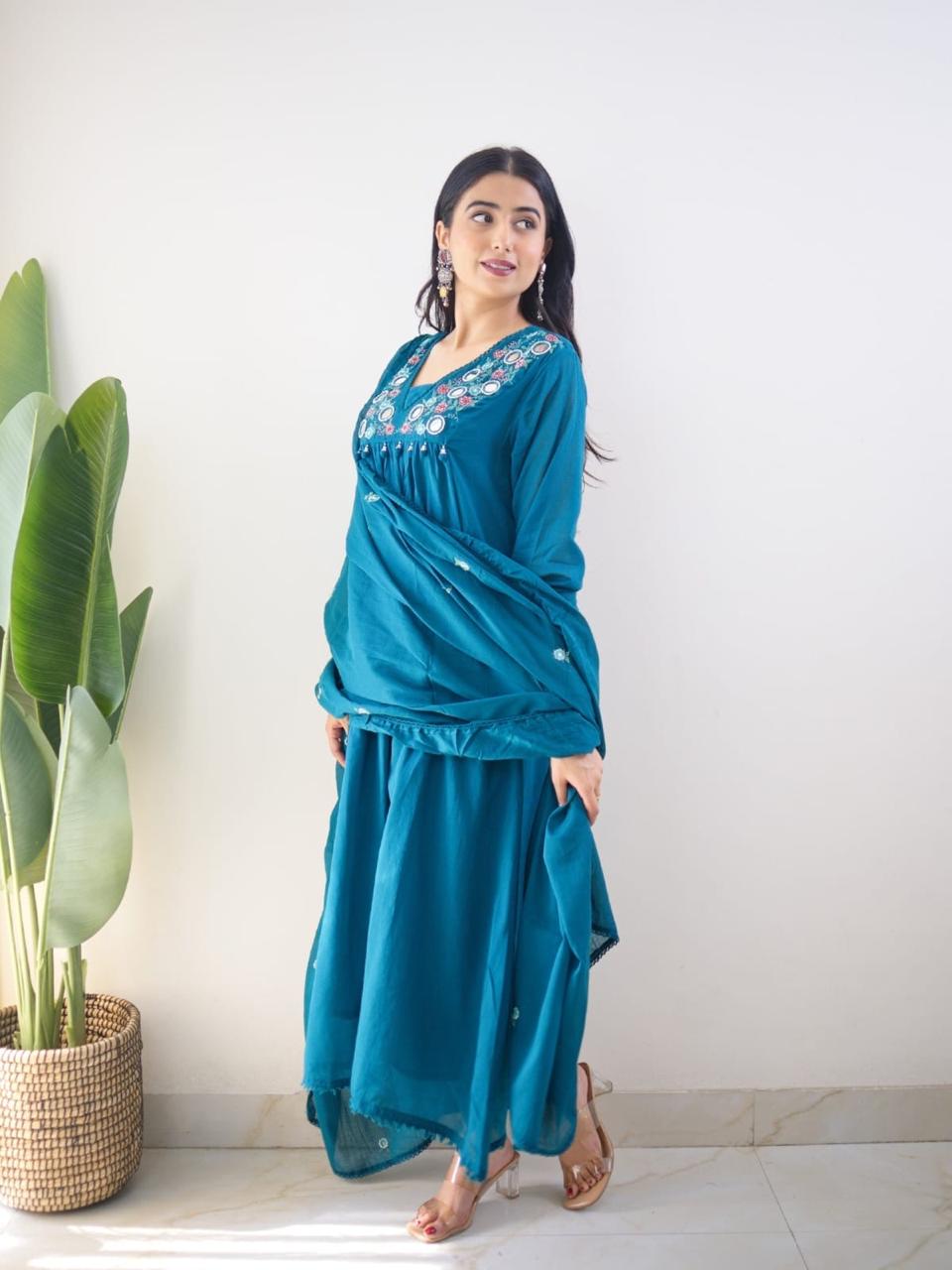 Teal Blue Embroidered Kurta Set with Dupatta