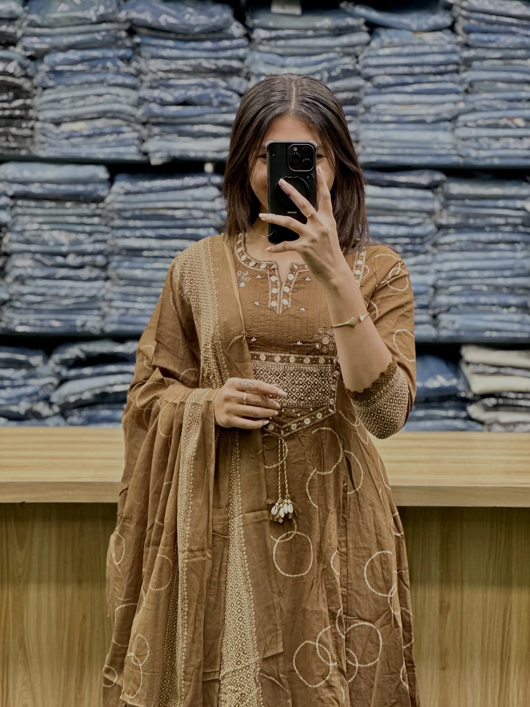 Earthy Brown Handblock Anarkali Kurta Set with Dupatta