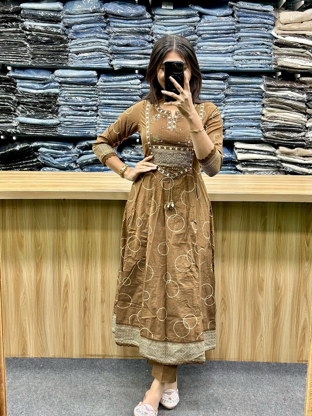 Earthy Brown Handblock Anarkali Kurta Set with Dupatta