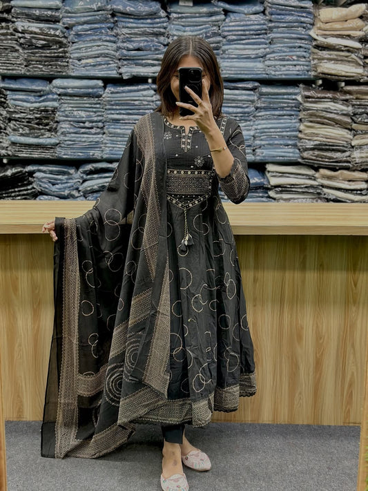 Midnight Black Handblock Anarkali Kurta Set with Dupatta