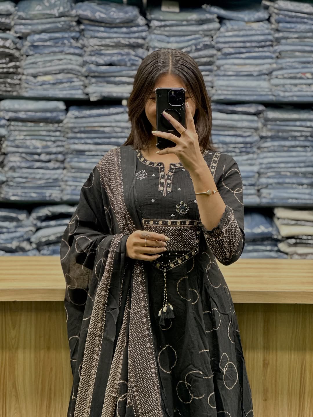 Midnight Black Handblock Anarkali Kurta Set with Dupatta