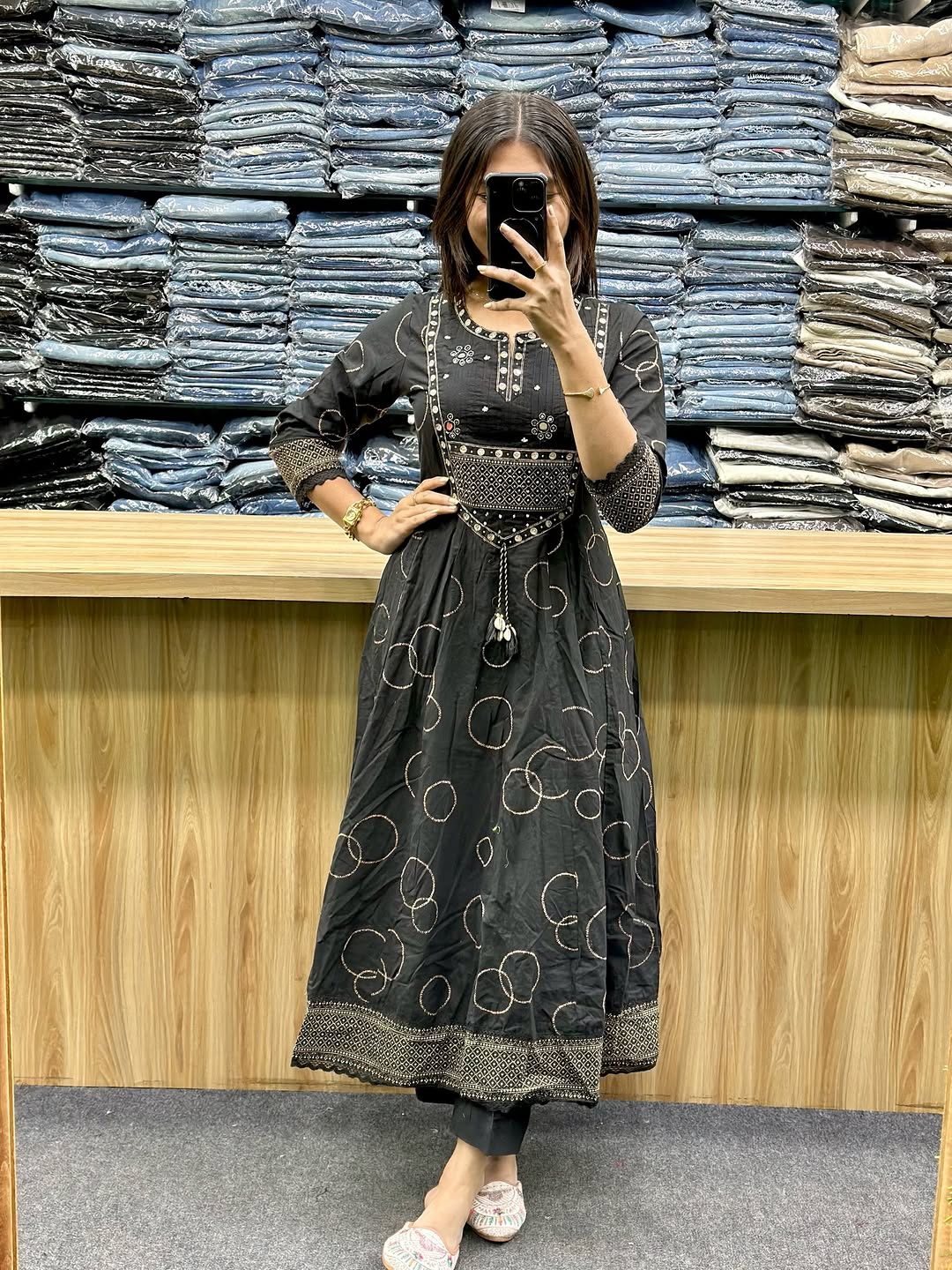 Midnight Black Handblock Anarkali Kurta Set with Dupatta