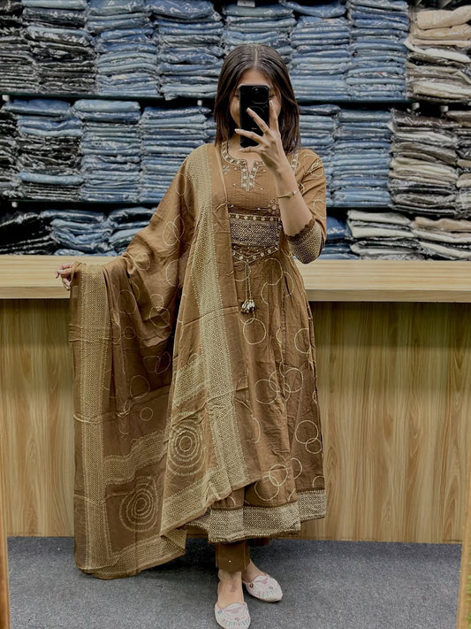 Earthy Brown Handblock Anarkali Kurta Set with Dupatta