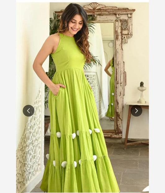 Lime Green Sleeveless Flared Maxi Dress with Pom-Pom Hem