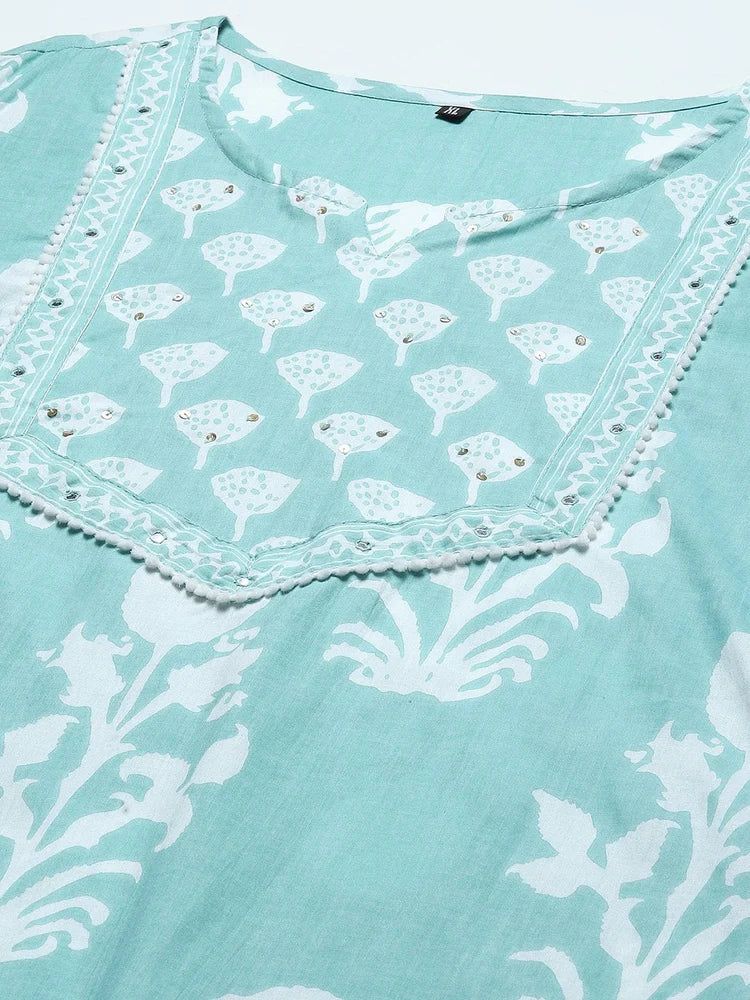 Elegant Sea Green Printed Cotton Kurta Set with Dupatta