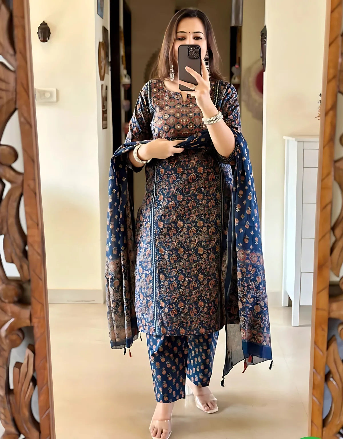 Midnight Indigo Printed Kurta Set with Elegant Dupatta