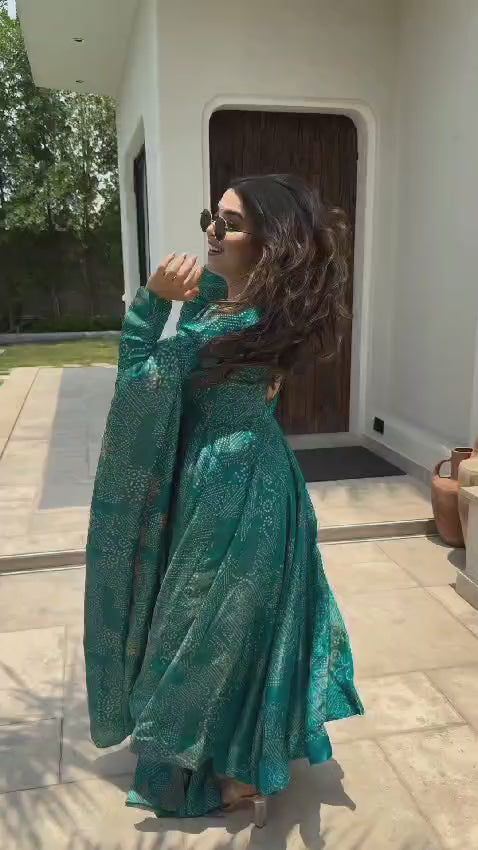 Teal Bandhej Anarkali Suit Set with Embellished Dupatta
